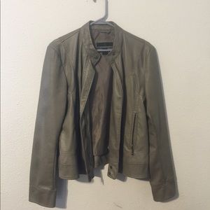 Olive green fake leather jacket.